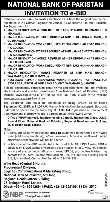 National Bank of Pakistan Lahore Tender Notice